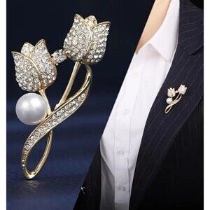 Gold Rhinestones Tulip FLOWER Pearl Brooch Flowers Tulips